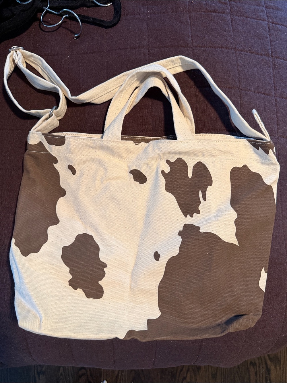 BAGGU Cow-Print Canvas Tote in Cream and Brown